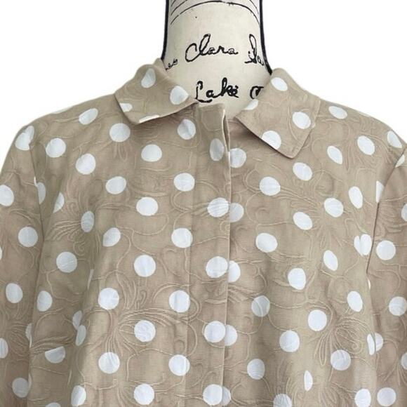 CHICO’S POLKA DOT JACKET TAN/WHITE PLEAT BACK 3/4 SLEEVES 
SZ 16 SOPHISTICATED - Picture 12 of 16